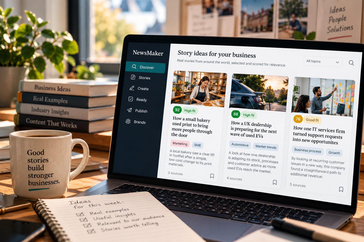 NewsMaker showing brand-relevant story ideas selected and scored for a company’s content.