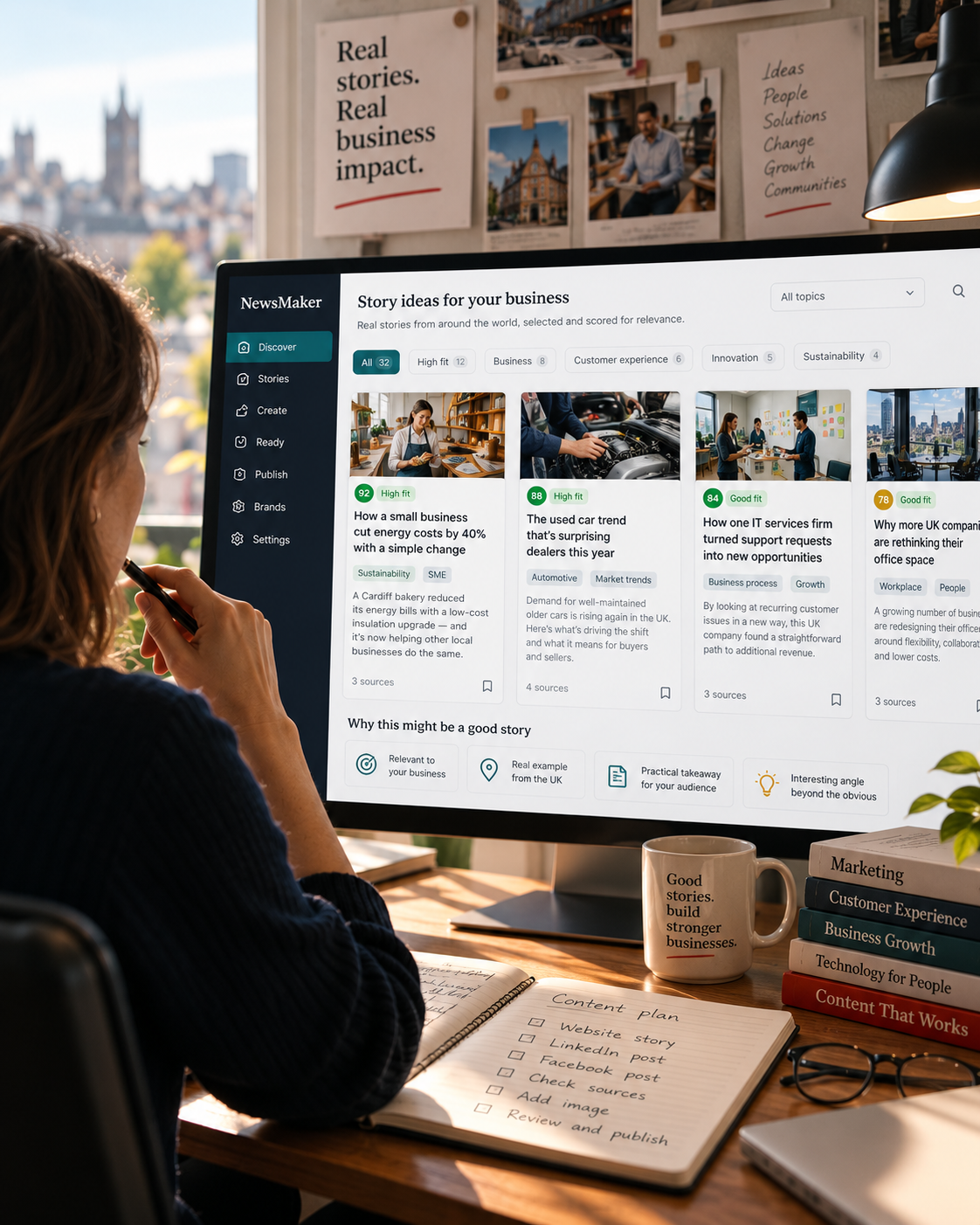 NewsMaker AI content discovery workspace showing brand-relevant stories, editorial scoring and content planning.