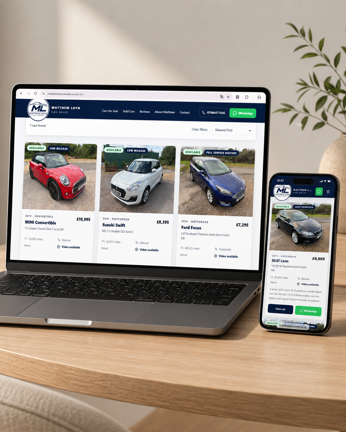Matthew Loyn Car Sales website shown on laptop and mobile phone.